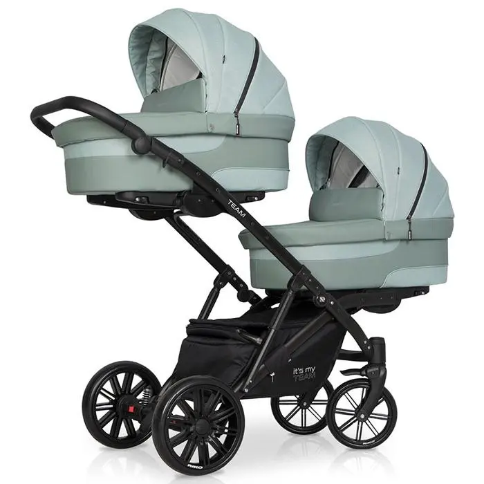 Carrinho de gémeos (2 assentos + 2 alcofas) + Kite 0+ Isofix Ready Riko TEAM Basil - 1