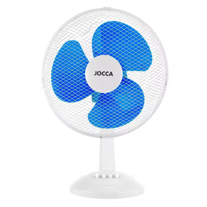 Ventilador Jocca de sobremesa de 12', con sistema de oscilación, cabezal reclinable, 3 velocidades, 30 cm de diámetro, 40W de potencia y disponible en blanco junto a dos colores azules y un elegante color negro - 1