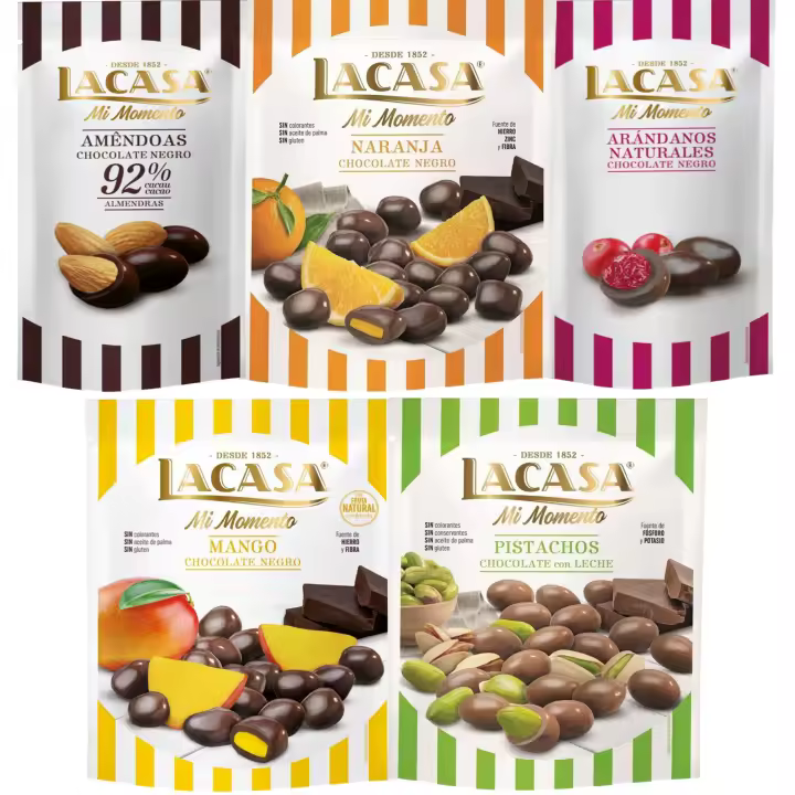 Lacasa Mi Momento pack de 5:Arándano Chocolate Negro ,Almendra 92% ,Naranja Chocolate Negro ,Pistacho Chocolate Leche ,Mango Chocolate Negro - 1
