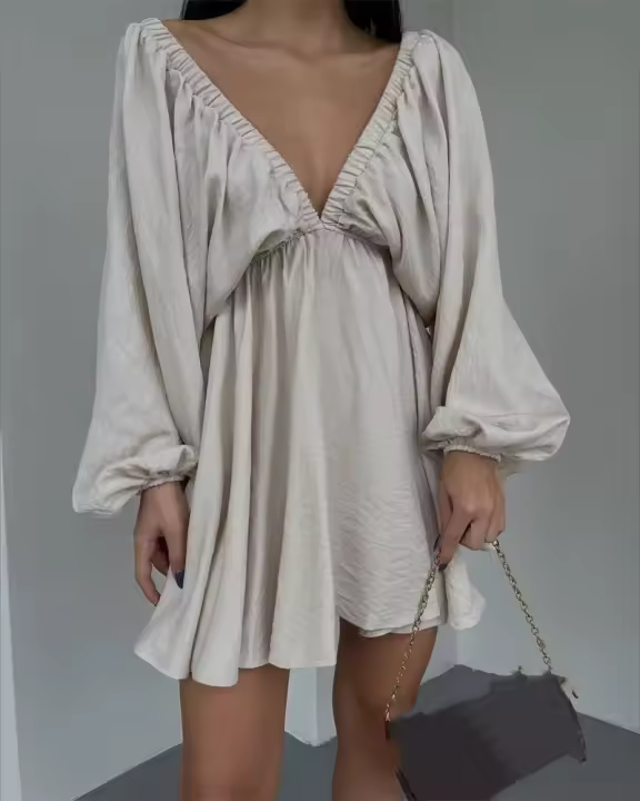 Vestido De Mujer Estilo Oficina Con Cuello V Y Manga Puff Sin Espalda Color Sólido A-Line Longitud Mini Decoración Pliegues - 1