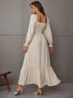 Vestido De Mujer Para Primavera/Verano Con Cuello Cuadrado Y Mangas Largas Ajustado En Cintura Con Volantes Y Corte Flared - details 10
