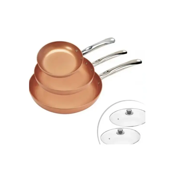 set de 3 sartenes de acero inoxidable con cobre incluye 2 tapas de vidrio - 1