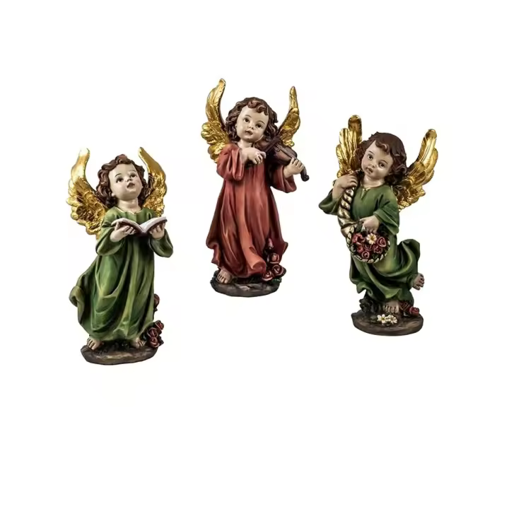 Ángeles 3 figuras 26 cm. vestidos detalle instrumento musical libro flores imagen resina - 1