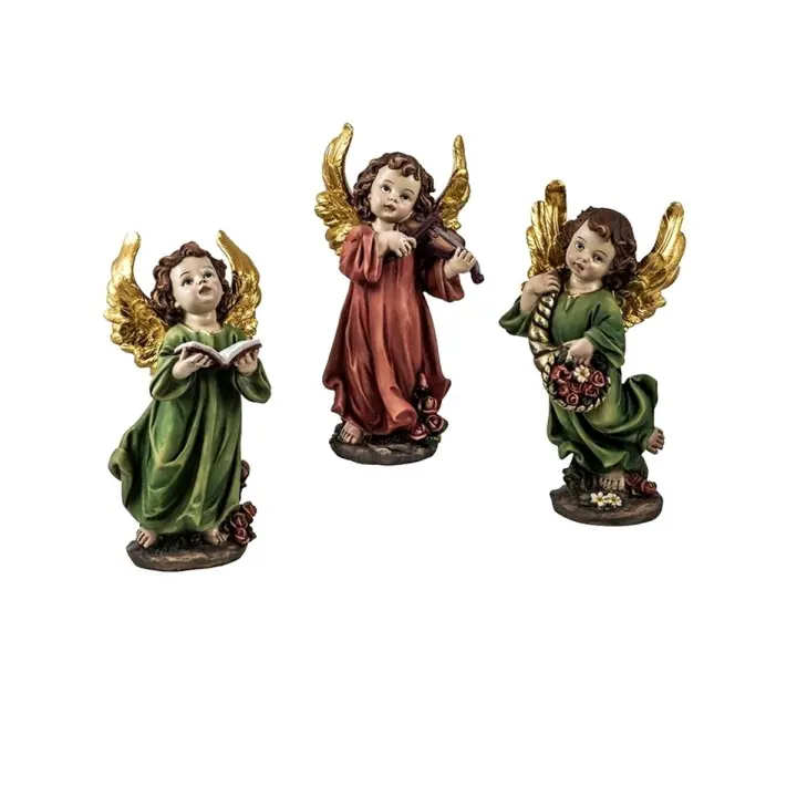 Ángeles 3 figuras 26 cm. vestidos detalle instrumento musical libro flores imagen resina - 1