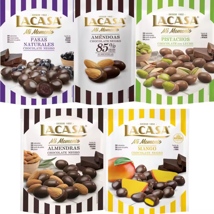 Lacasa Mi Momento pack de 5:Almendra 85% 65G,Pasas choco Negro 150G,Almendra choco Negro 125G,Pistacho Leche 100G,Mango choco Negro 115G - 1