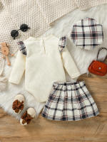 Conjunto De Otoño Para Bebé Niña Con Romper De Manga Larga Y Estampado De Cuadros Y Falda A-Linea Conjunto De Moda Para Calle + Gorro 3 Piezas - details 1