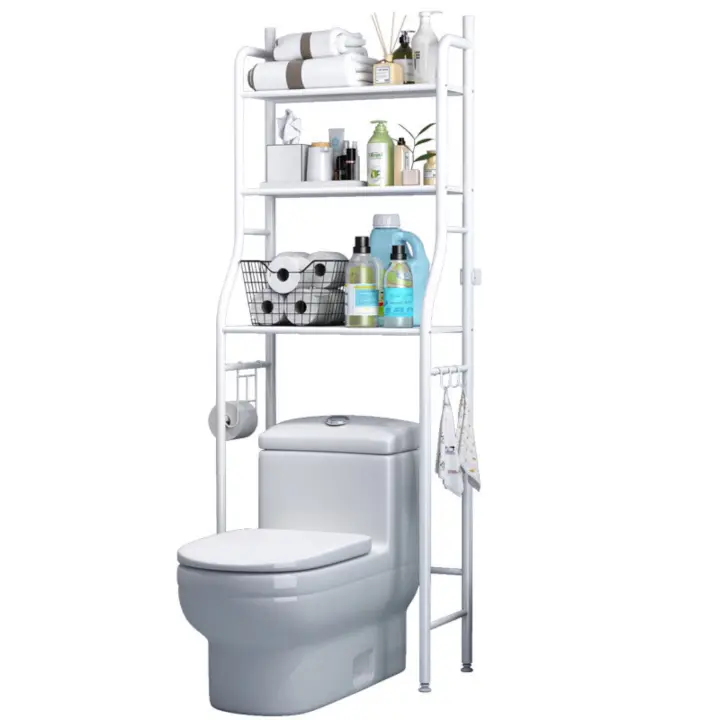 El estante de baño del inodoro blanco Ko Mi Ka ahorra espacio con 3 estantes tipo cubo y patas impermeables de altura ajustable. - 1