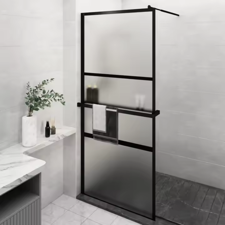 vidaXL Mampara ducha con estante vidrio ESG y aluminio negro 100x195cm - 1