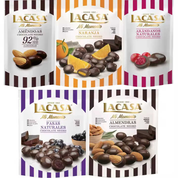 Lacasa Mi Momento pack de 5:Arándano Chocolate Negro ,Almendra 92% ,Pasas Chocolate Negro ,Almendra Chocolate Negro ,Naranja Chocolate Negro - 1