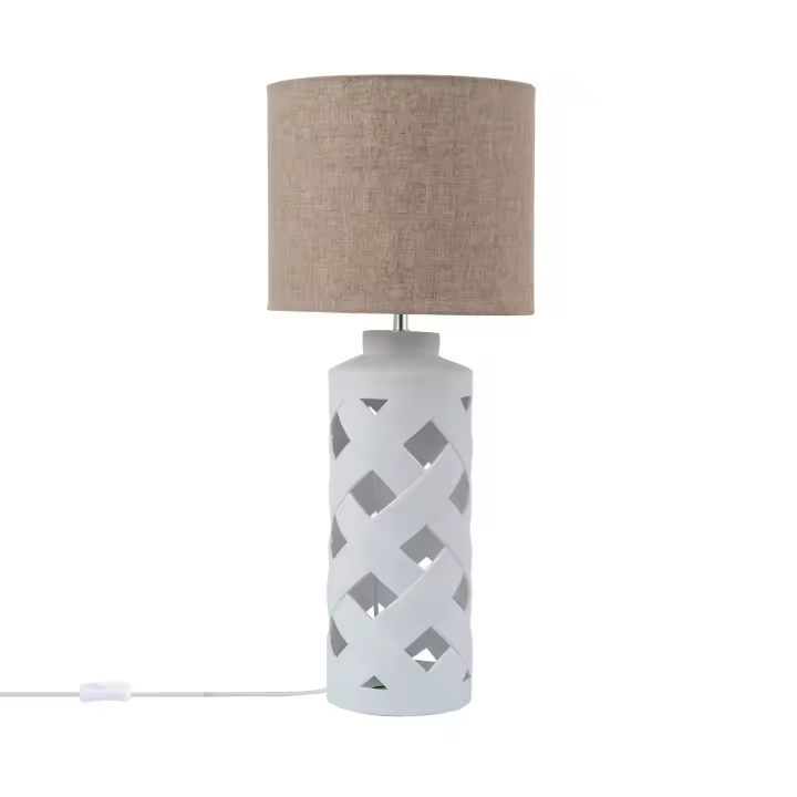 LEDKIA LIGHTING - Lámpara de Mesa Makalu | Diseño Elegante y Moderno | Soporte E27 hasta 40W | Ideal para Salón, Dormitorio, Comedor | Dimensiones: 700x350mm, Blanco, Cerámica, Tela - 1