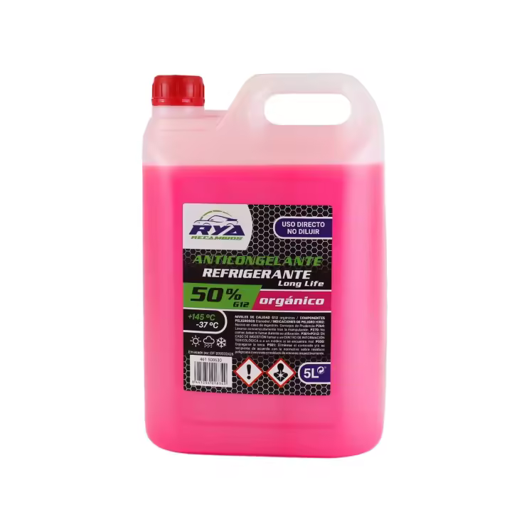 RYA anticongelante Coche, liquido refrigerante  5LT - Anticongelante orgánico G12 Rosa, long life ,resistente a temperaturas de +145º y -37º - 1