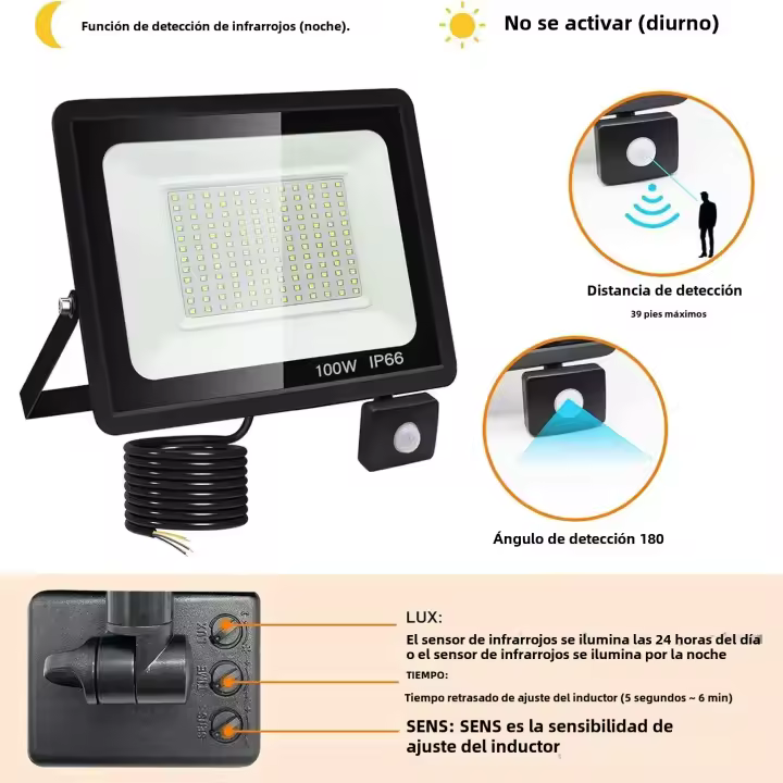 Lámpara De Fosa LED Con Sensor De Movimiento PIR Luz Blanca 100W IP66 Impermeable Para Jardín Fuente De Iluminación Exterior - 1