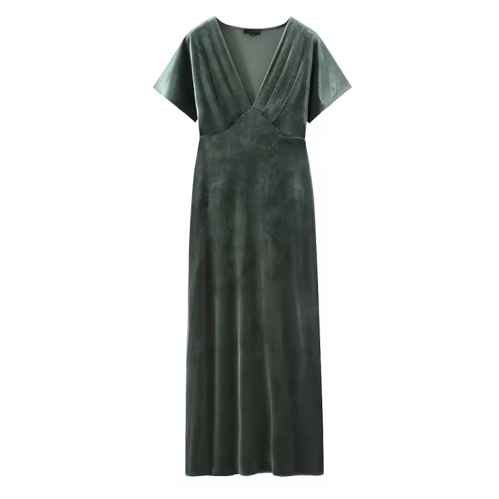 Autumn Women Mid-Green Velvet Midi Dress Short Sleeve V Neck Fitted Waist  Slim A-line Dresses Female Casual  Vestidos - 1