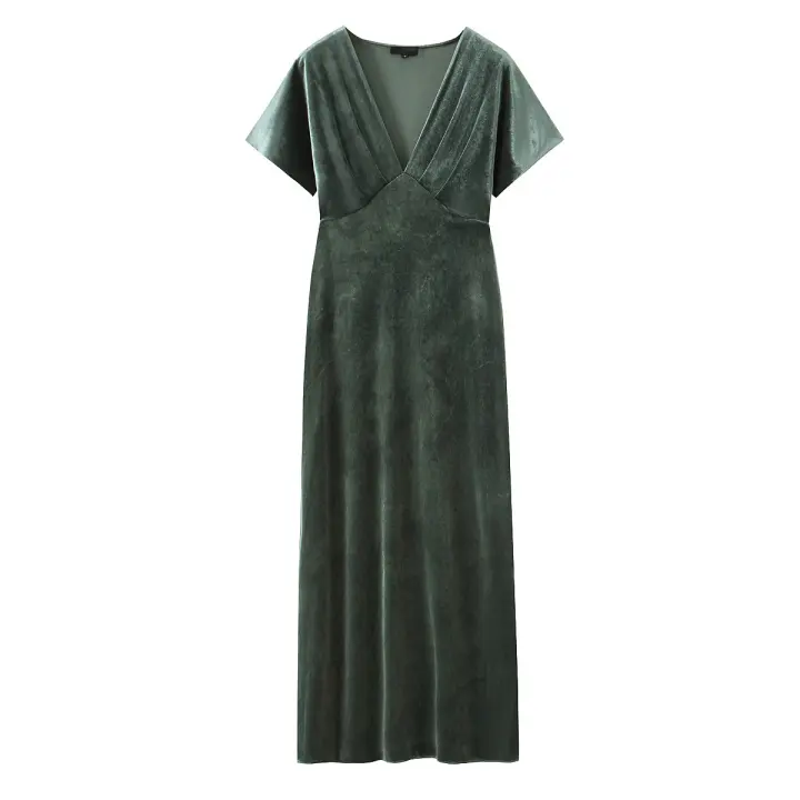 Autumn Women Mid-Green Velvet Midi Dress Short Sleeve V Neck Fitted Waist  Slim A-line Dresses Female Casual  Vestidos - 1