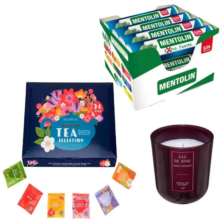 Pack relax: MENTOLIN EXTRA FUERTE S/A TUBO 12X20G + Vela perfumada rosa de silicona 170 g + Set de Te con 24 bolsitas con diferentes sabores y aromas - 1