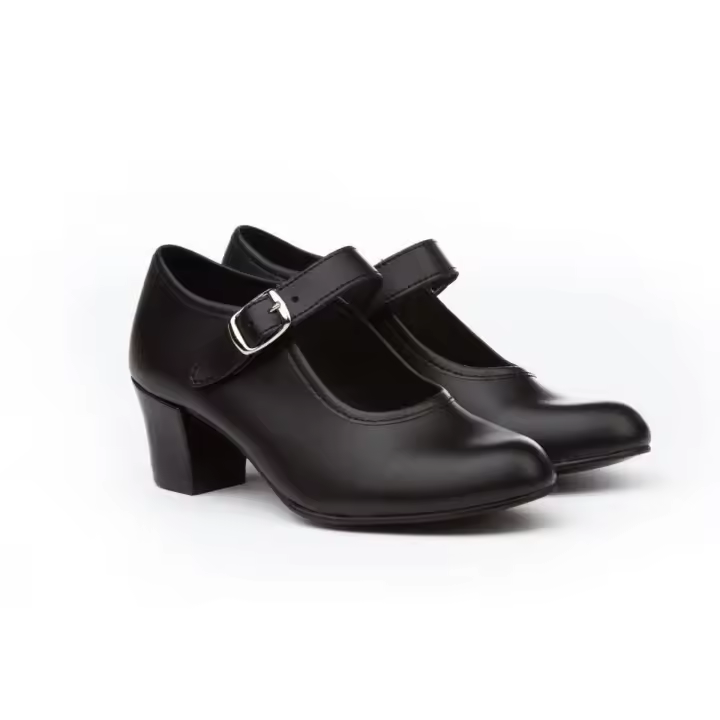 Mº 302 ZAPATO FLAMENCA NEGRO ANGELITOS Caminar con los pies y bailar con el alma. Elegantes y cómodos, zapato tipo salón con pulsera y sistema de cierre de hebilla fabricado en MICROFIBER napa. La parte interior no lleva forro, protector de punteras y tal - 1