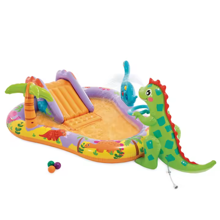 INTEX - Centro de juegos acuático Dino Park, hinchable con tobogán acolchado, rociador de agua y juegos interactivos, 201x157x69 cm, capacidad 159 L, para niños desde 2 años, fabricado de vinilo resistente, incluye parche reparación - 1