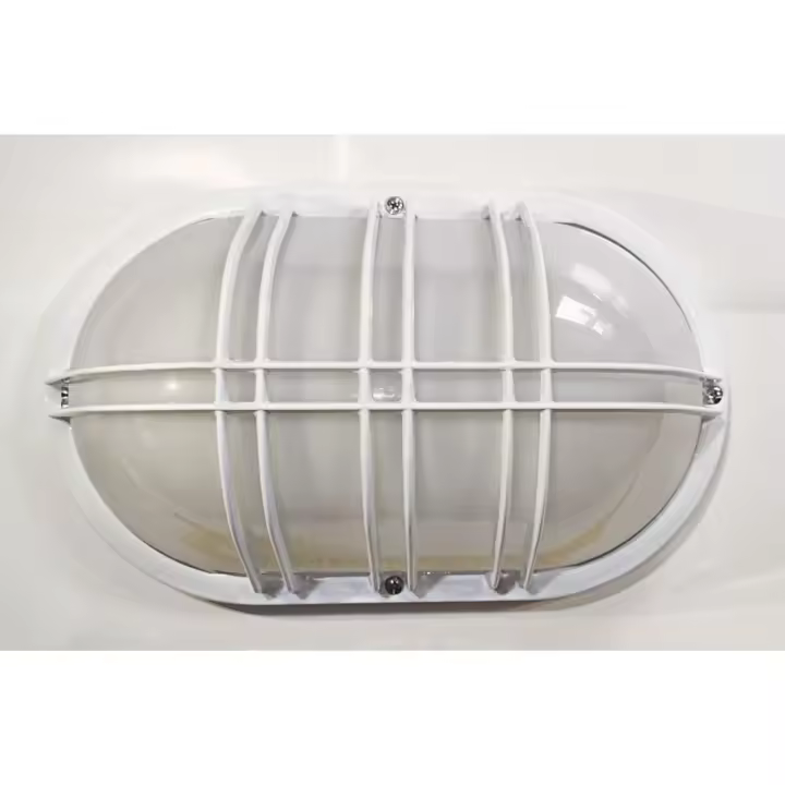 Aplique ovalado de 35 cm., blanco con rejilla, lámpara de Aluminio y cristal para exteriores,  jardines, patios y terrazas. Marca Simon - 1