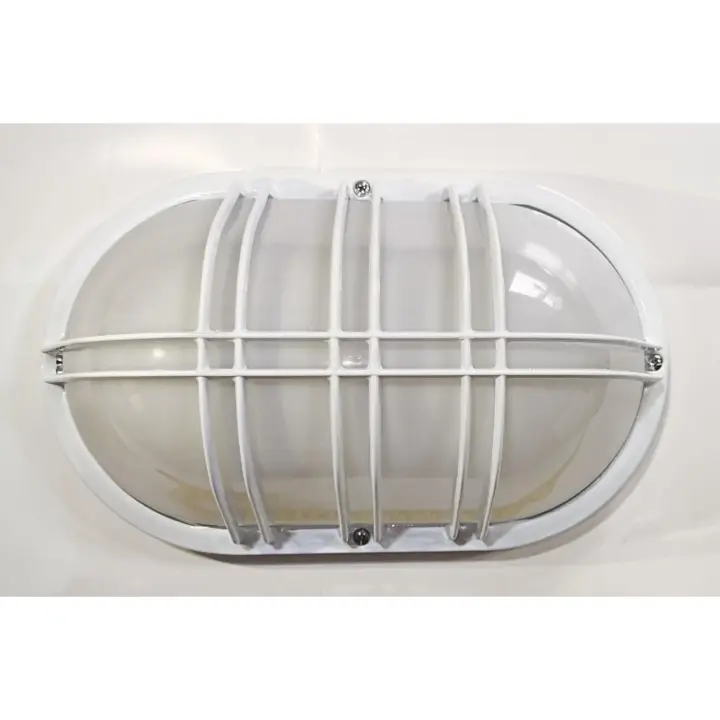Aplique ovalado de 35 cm., blanco con rejilla, lámpara de Aluminio y cristal para exteriores,  jardines, patios y terrazas. Marca Simon - 1