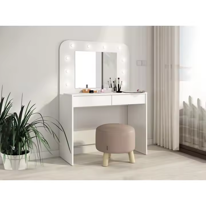Vente-unique - Tocador JOSEPHINE - Espejo con luces LED y compartimentos - Blanco - 1