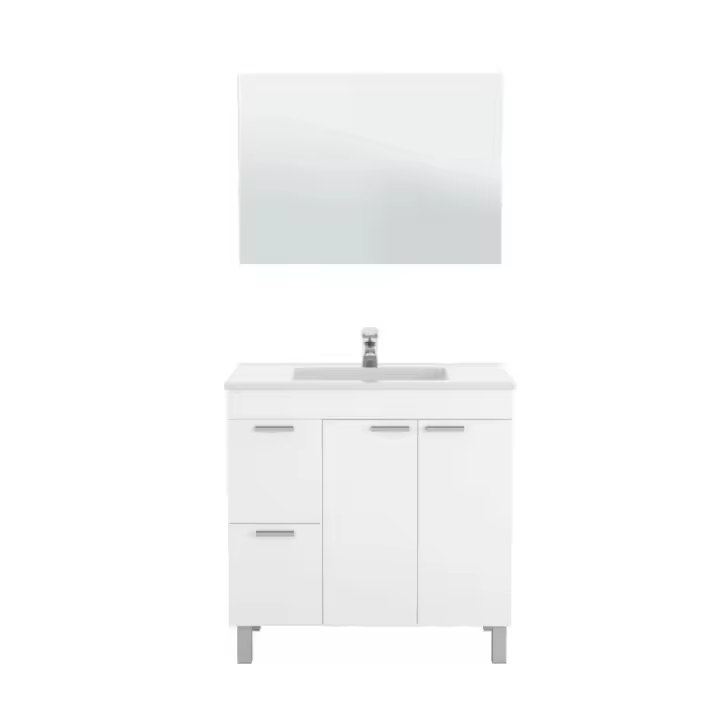 Meimon Mueble de baño AKTIVA de 80 cm con 2 puertas, 2 cajones, patas de aluminio anodizado, espejo a juego, guías metálicas, tiradores ABS gris aluminio y tablero melaminizado TIPO E1; capacidad máx. 30 kg; lavabo no incluido - 1