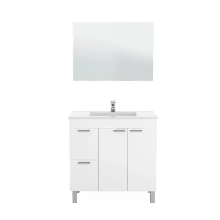Meimon Mueble de baño AKTIVA de 80 cm con 2 puertas, 2 cajones, patas de aluminio anodizado, espejo a juego, guías metálicas, tiradores ABS gris aluminio y tablero melaminizado TIPO E1; capacidad máx. 30 kg; lavabo no incluido - 1