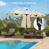 Outsunny Sombrilla Doble con Luces LED 280x146x227 cm Sombrilla de Jardín con Inclinación de 45° Manivela y Costillas de Acero para Terraza Balcón Piscina Beige - details 5
