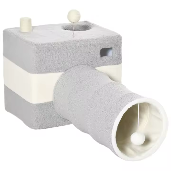 PawHut Túnel para Gatos con Cueva Tubo de Juguete para Mascotas con Orificio Superior Puerta Delantera Poste de Sisal y Bola Colgante 48x95x58 cm Gris - 1