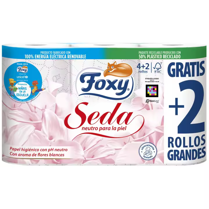 Foxy Seda  Papel higiénico Neutro  42 Rollos  3 Capas Alto grosor  173 servicios por rollo  AROMA TALCO  Papel 100% certificado FSC  Paquete 100% reciclable blanco - 1