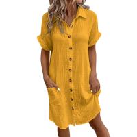 Vestido Elegante De Verano Para Mujer Con Cuello En V Y Mangas Cortas Botones Y Cuello Encogible Vestido De Oficina Para Dama Con Estilo Robe - details 5