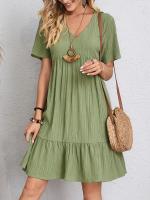 Vestido Casual De Verano Para Mujer Con Cuello En V Y Falda De Encaje Corto Manga Corta Color Sólido A-Line Longitud De Rodilla - details 4