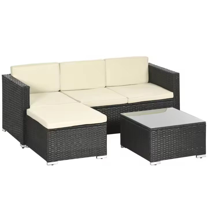 Outsunny Conjunto de Muebles de Ratán de Jardín 3 Piezas Muebles de Ratán Exterior Sofá de 3 Plazas con Cojines Acolchados Mesa de Centro con Tablero de Vidrio Templado y Reposapiés Negro - 1