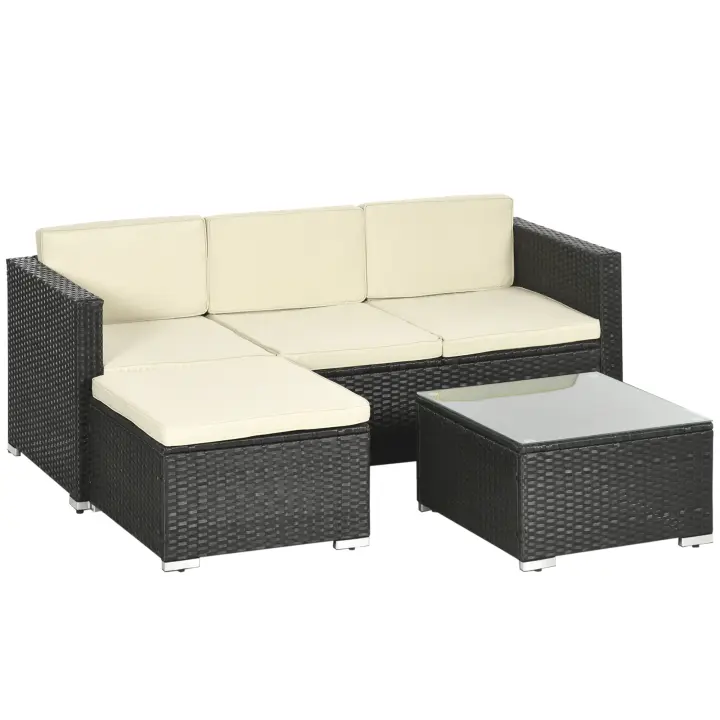 Outsunny Conjunto de Muebles de Ratán de Jardín 3 Piezas Muebles de Ratán Exterior Sofá de 3 Plazas con Cojines Acolchados Mesa de Centro con Tablero de Vidrio Templado y Reposapiés Negro - 1