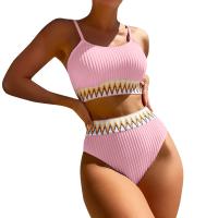 Bikini De Verano Para Mujer Estilo Playa Moda Elegante Con Cintura Alta Y Efecto Delgado Dos Piezas Color Bloqueado Conjunto De Baño Con Suspensión - details 2