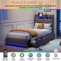 Cama Individual 90x200 cm – Tela Gris con LED, Cajones y Puertos USB/Type-C - details 1