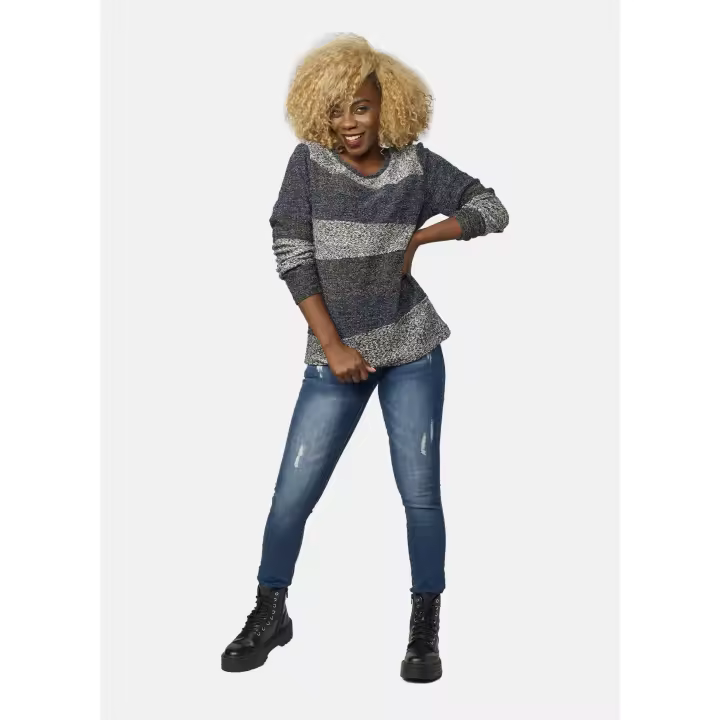 Koroshi - Sudadera mujer cuello redondo con franjas jaspeadas navy y gris, tejido de poliéster con elastano para comodidad y flexibilidad, estilo casual contemporáneo - 1