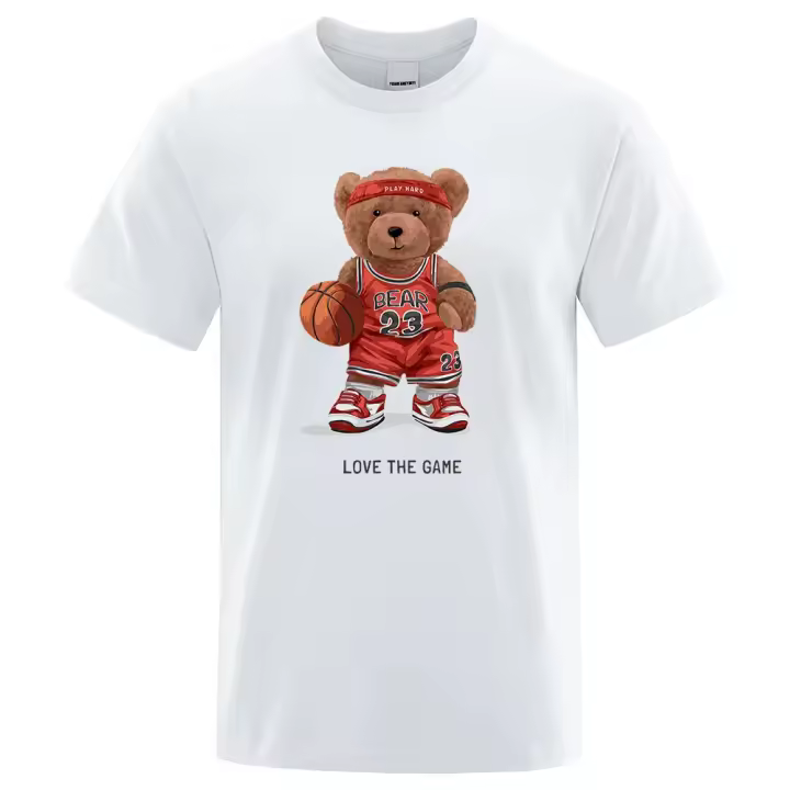 Camiseta De Algodón Para Hombre Con Estampado De Peluche De Osito Y Baloncesto Juego Divertido Talla Grande Suelta Manga Corta Para Verano - 1