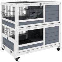 PawHut Conejera de Madera con Ruedas 90x53x97 cm Jaula para Conejos de 2 Niveles con Techo Abatible Bandeja Extraíble Comedero y Rampa Gris y Blanco - details 0