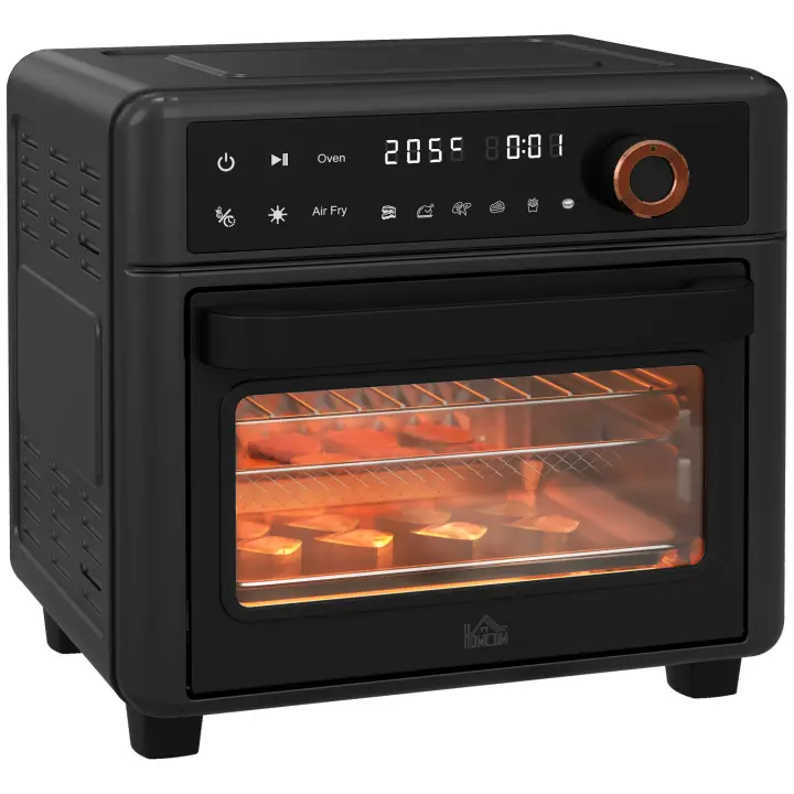 HOMCOM mini horno con circulación de aire Mini horno 13L con bandeja de horno, parrilla y bandeja recogemigas, freidora de aire caliente 40°C-220°C con 12 programas, cestillo para freír, temporizador 12h, 1500W, acero inoxidable - 1