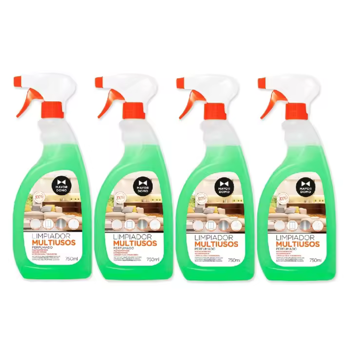 Mayordomo Spray Limpiador Multiusos de Superficies Perfumado 750ml (Pack 4 uds) - Limpiador Multisuperficies con Pistola Pulverizadora para Cristales, Azulejos, Baldosas, Marmol, Acero Inoxidable, Cerámica - pH neutro, con alcohol, agradable perfume - 1