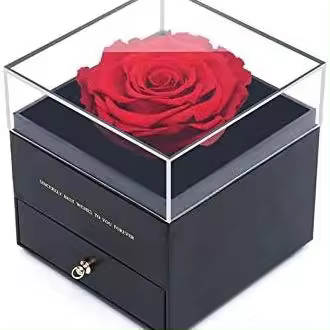 SUPERMOLON Rosa Eterna Roja en Caja joyería - Flores San Valentín - Flores preservadas Pedida de Mano, Bodas de Oro, Aniversario Pareja, Pedida de Matrimonio con Tarjeta DEDICATORIA - 1