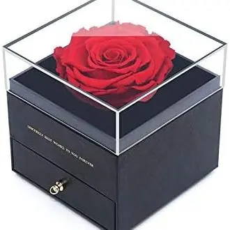 SUPERMOLON Rosa Eterna Roja en Caja joyería - Flores San Valentín - Flores preservadas Pedida de Mano, Bodas de Oro, Aniversario Pareja, Pedida de Matrimonio con Tarjeta DEDICATORIA - 1