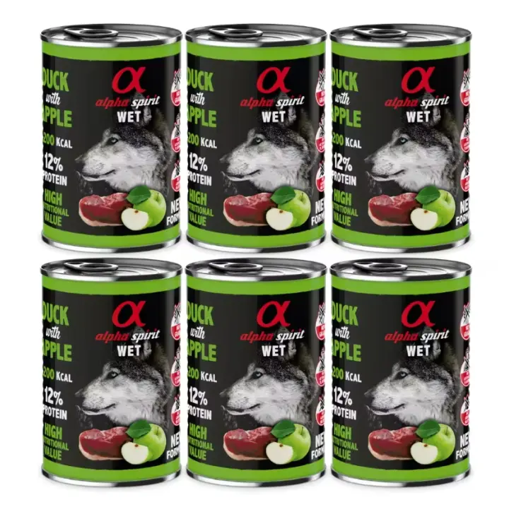 Pack 6 latas x 400 Gr - Alpha Spirit Comida Húmeda de Pato con manzana verde para Perros - 1