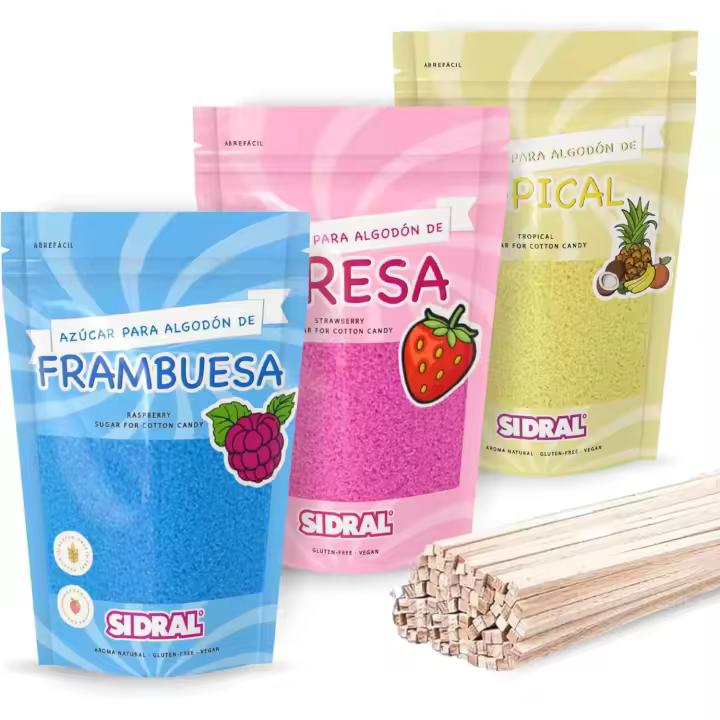 SIDRAL Azucar para Máquina Algodón (3 x 250 gr) con 50 Palitos Reciclables para Degustación - Lote de 3 Sabores (Fresa, Frambuesa y Tropical), Azúcar para Algodón de Azúcar - Ideal para Fiestas - 1