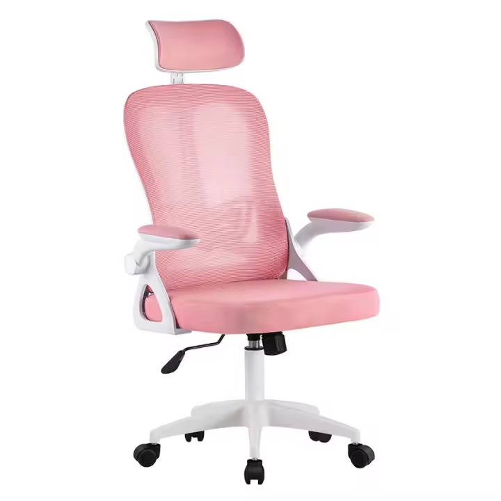 Cama express Silla de Oficina, Silla de Escritorio Ergonómica con Reposabrazos Plegables, Altura Ajustable, Soporte Lumbar, Silla Giratoria para Ordenador con Cojín de Asiento Acolchado, color Rosa. - 1