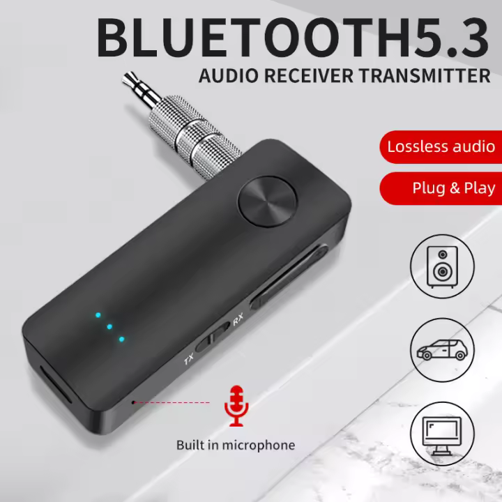 Transmisor Y receptor de Audio with Bluetooth 5,3, 3,5mm, AUX, Estéreo, 2 en 1, adaptador inalámbrico de Música HIFI with Microfono para TV, PC, Kit de auriculares para coche - 1