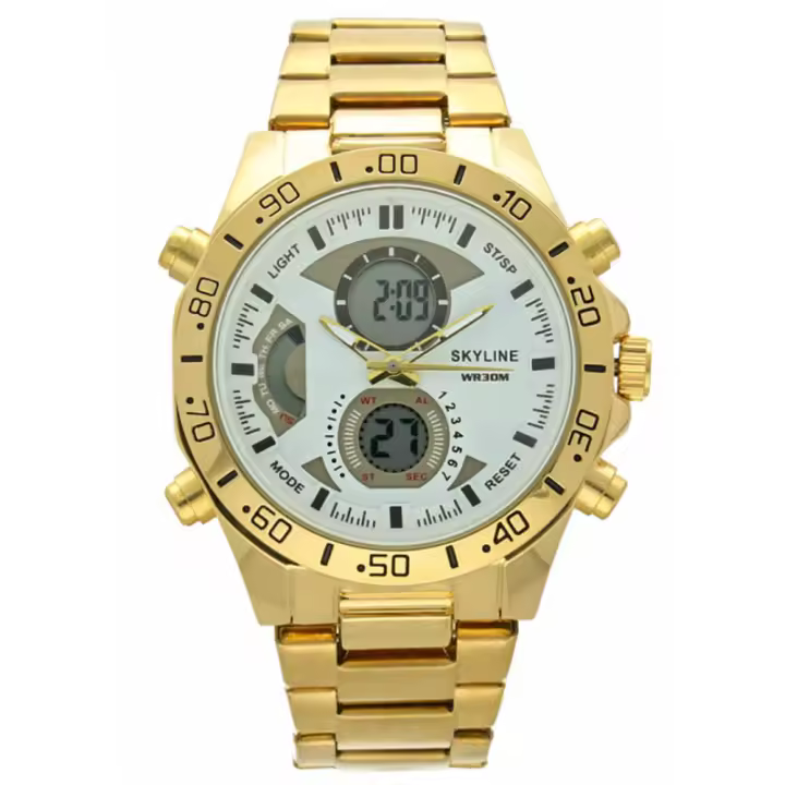 Reloj Analógico/digital Skyline 093-0013 Chapado Oro Moderno Esfera Blanca Hombre - 1