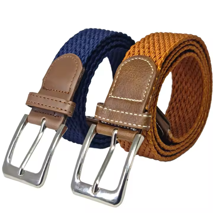 Cinturón Elático Trenzado con Hebilla de Cuero para Hombre y Mujer Tejido Elástico de Talla Única Unisex Pack 2 Colores (Azul y Bayo) - 1
