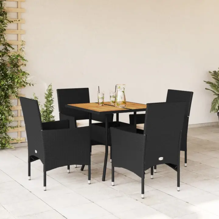 vidaXL Set de comedor jardín 5 pzas con cojines ratán PE acacia negro - 1