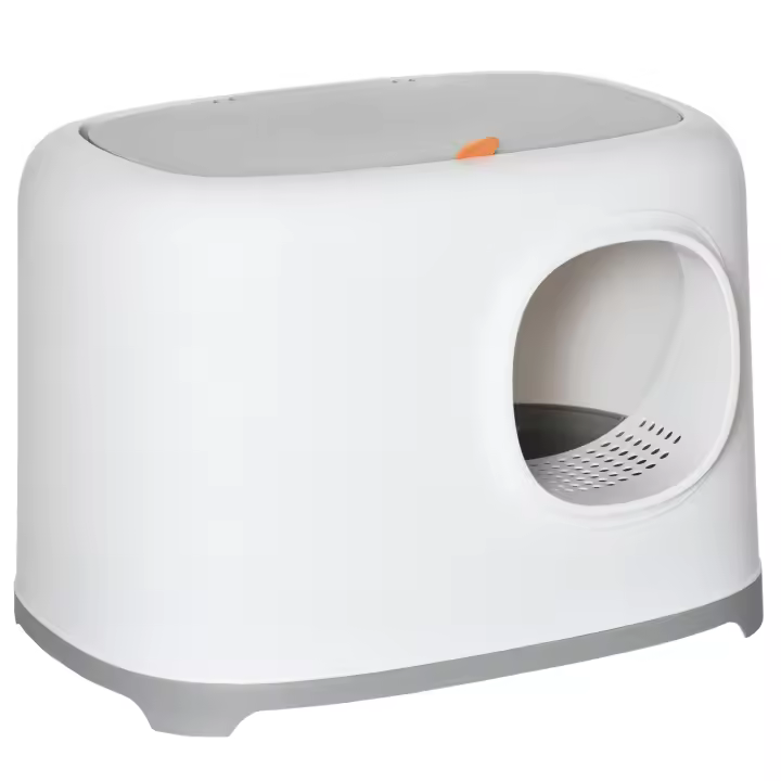 PawHut Caja de Arena para Gatos Arenero Cerrado para Gatos con Techo Abatible Orificio de Entrada Bandeja Extraíble y Pala Incluida 55x40x39 cm Blanco - 1